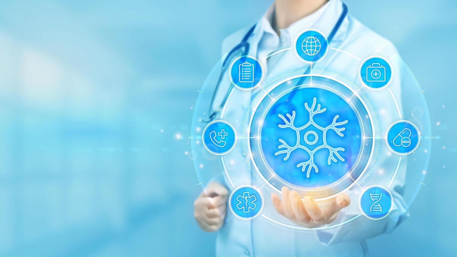 Neurology medical concept. Nerve health. Neural communication, brain function. Human neuron cell. Doctor holding in hand Nerve cell icon and medical icons network connection. illustration. vector