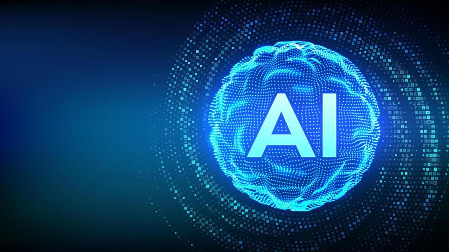 AI. Artificial intelligence. Abstract grid wave sphere with letters AI. Machine learning technology. Neural networks. Binary code background with digits 1.0. Binary Data Flow. illustration. vector