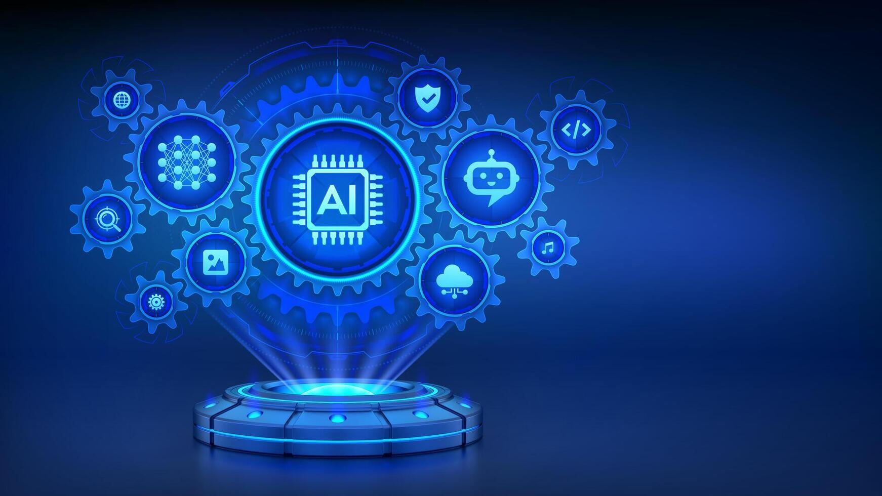AI. Artificial intelligence technology concept. Holographic platform with glowing rays forming a projection of interconnected gears with icons. Neural networks. Machine learning. illustration. vector