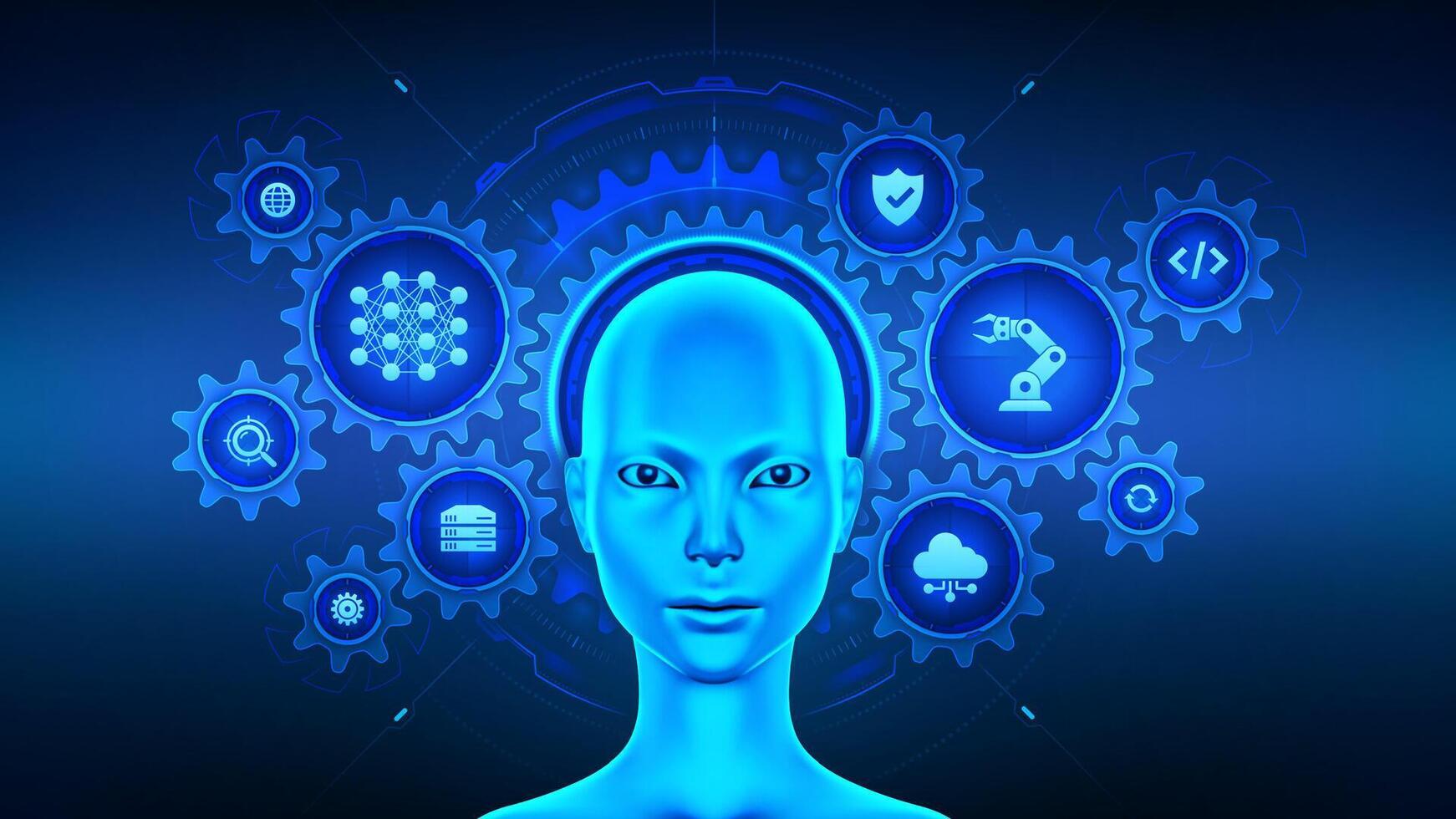 AI chatbot. AI assistant with cyborg woman head surrounded by connected gears and technology icons. AI agent. Concept of artificial intelligence, automation, and machine learning. illustration. vector