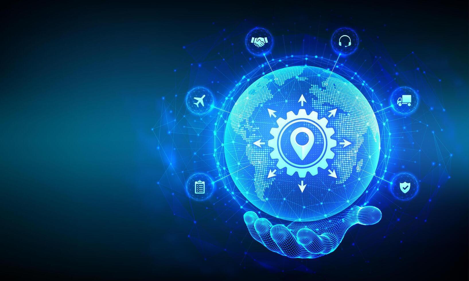 Logistics management. Smart logistics and transportation technology concept. Logistic global network distribution. Business of transport industrial. Earth planet globe in hand. illustration. vector