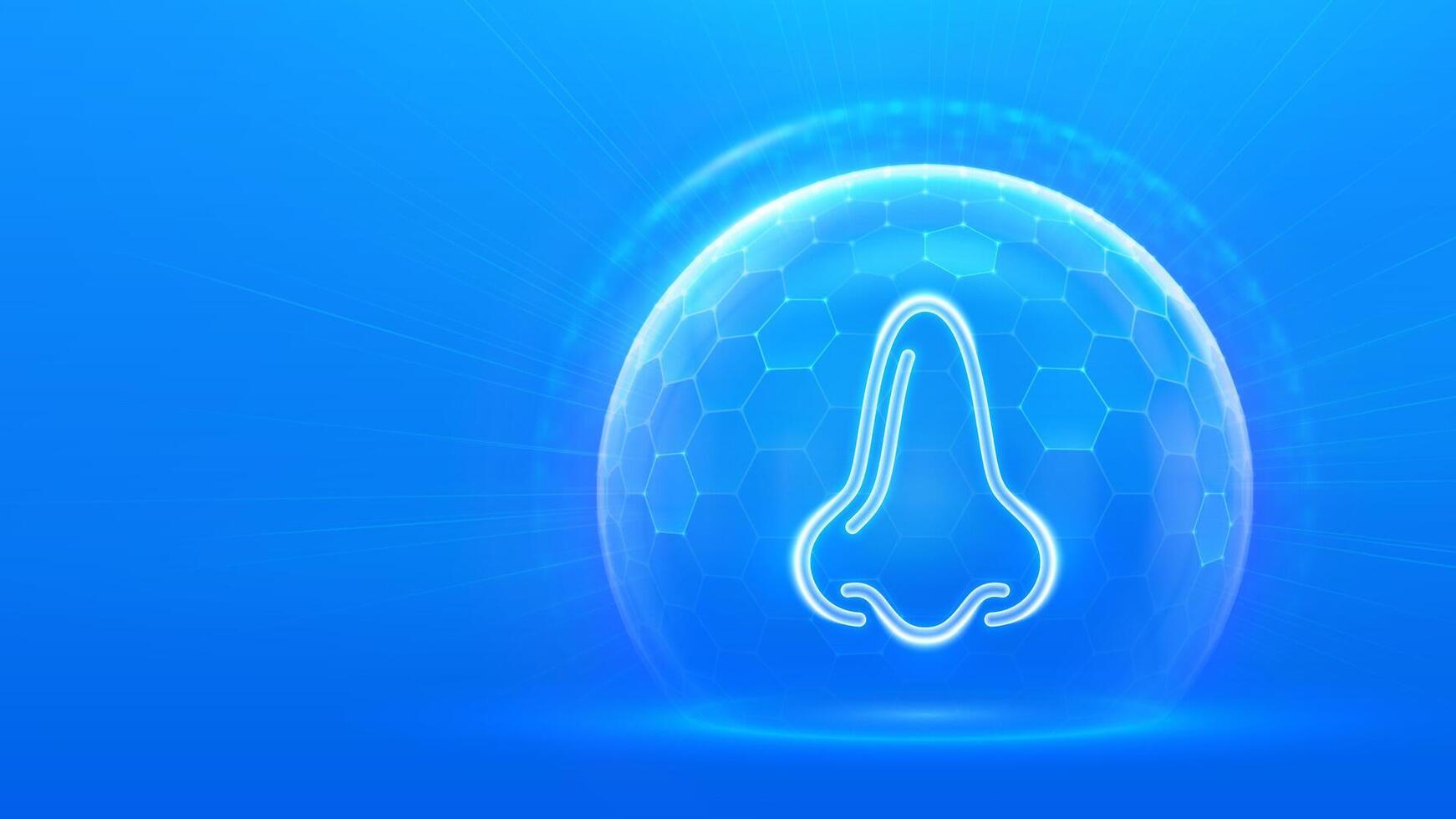Human nose and respiratory system care. Protection from viruses, dust and allergens. Healthcare. Nose icon inside protection sphere shield with hexagon pattern on blue background. illustration. vector