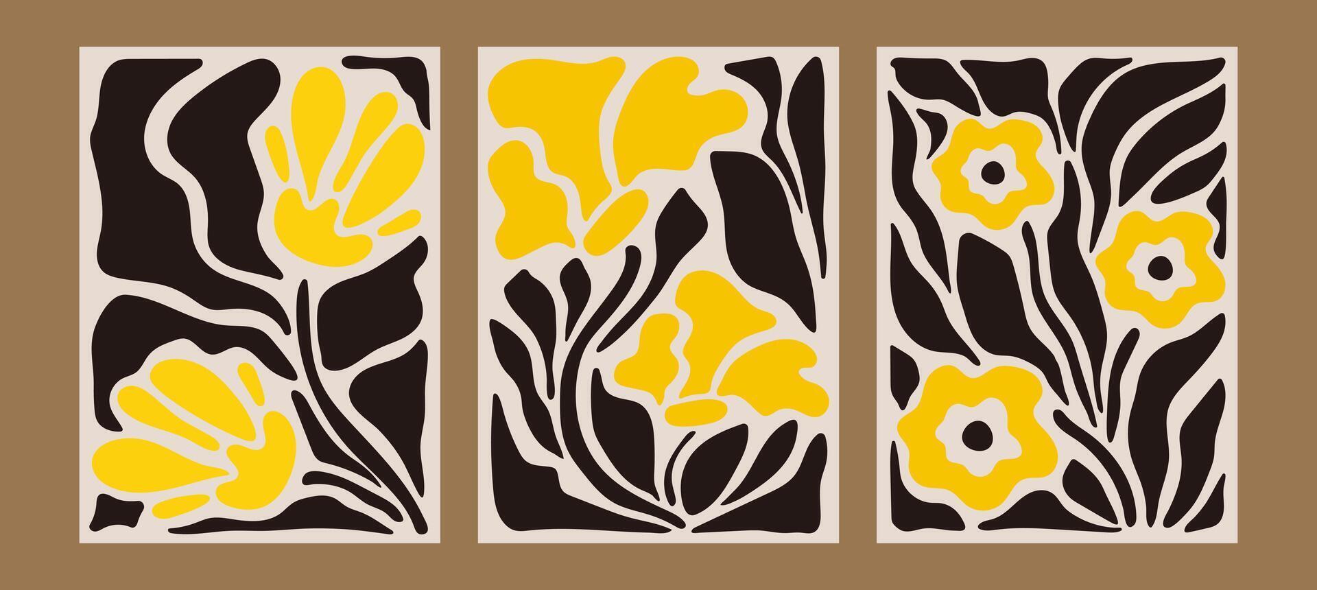 Set of posters with abstract yellow flowers. Wall art vector