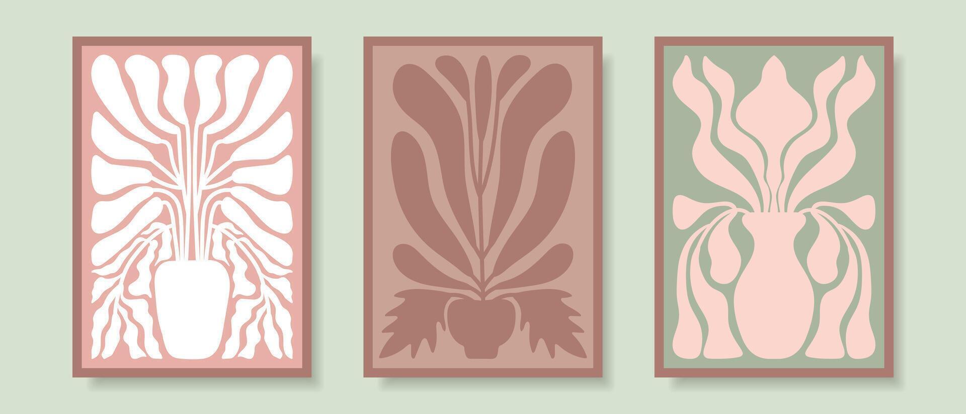 Set of modern posters with abstract flowers. Wall art in trendy style. vector