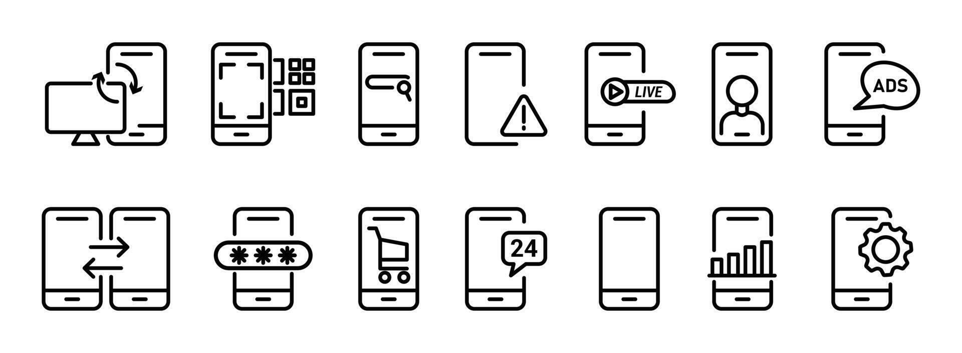 Set of smartphone related device line icons. phone scanner, warning, live, message ads, screen lock, shopping cart, etc. vector