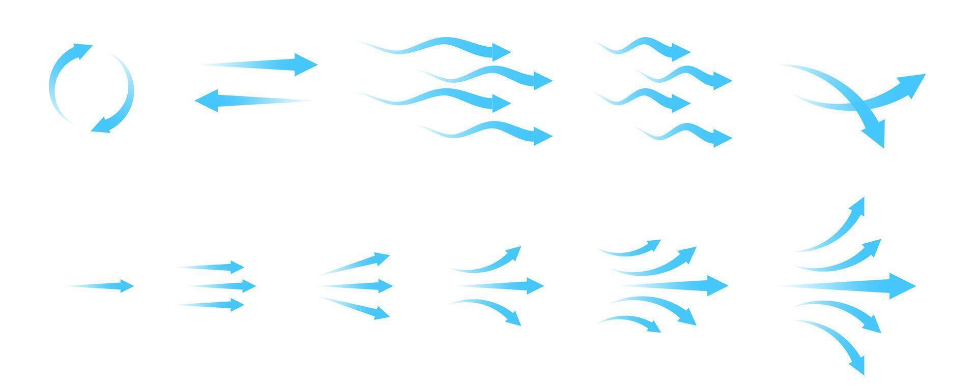 Set of blue arrows showing climate air flow isolated , air direction. vector