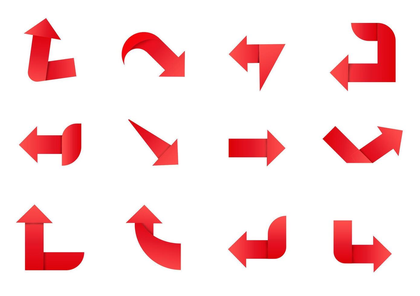 A set of red paper arrows pointing in different directions. vector