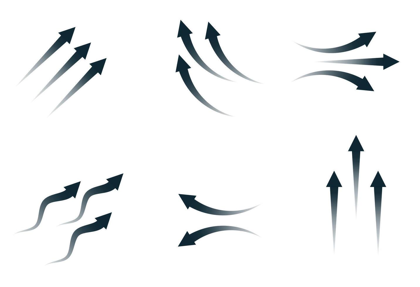 Set of black arrow showing wind air flow isolated on white background, air direction. vector