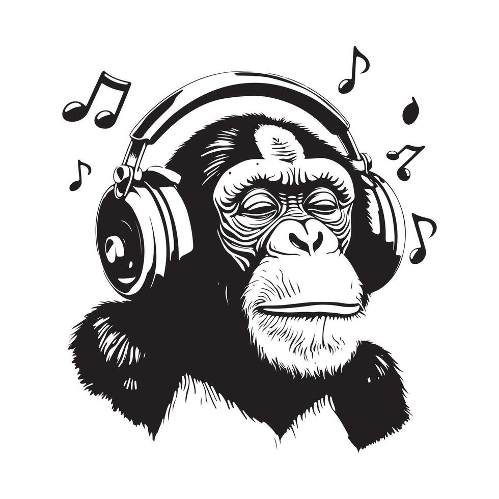 Chimpanzee with Headphones Silhouette Cool Monkey Art Illustration for Prints and Designs vector