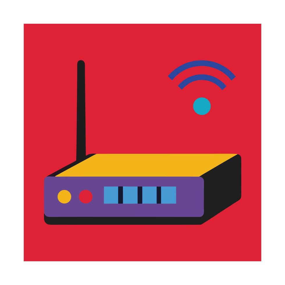 Colorful graphic illustration of a wireless internet router on a red background vector
