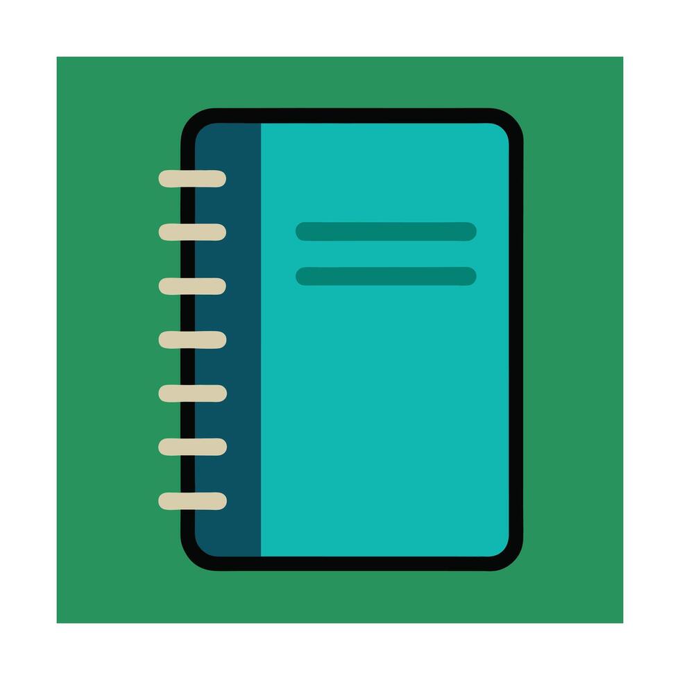 Flat graphic of teal blue spiral notebook on green background for education vector
