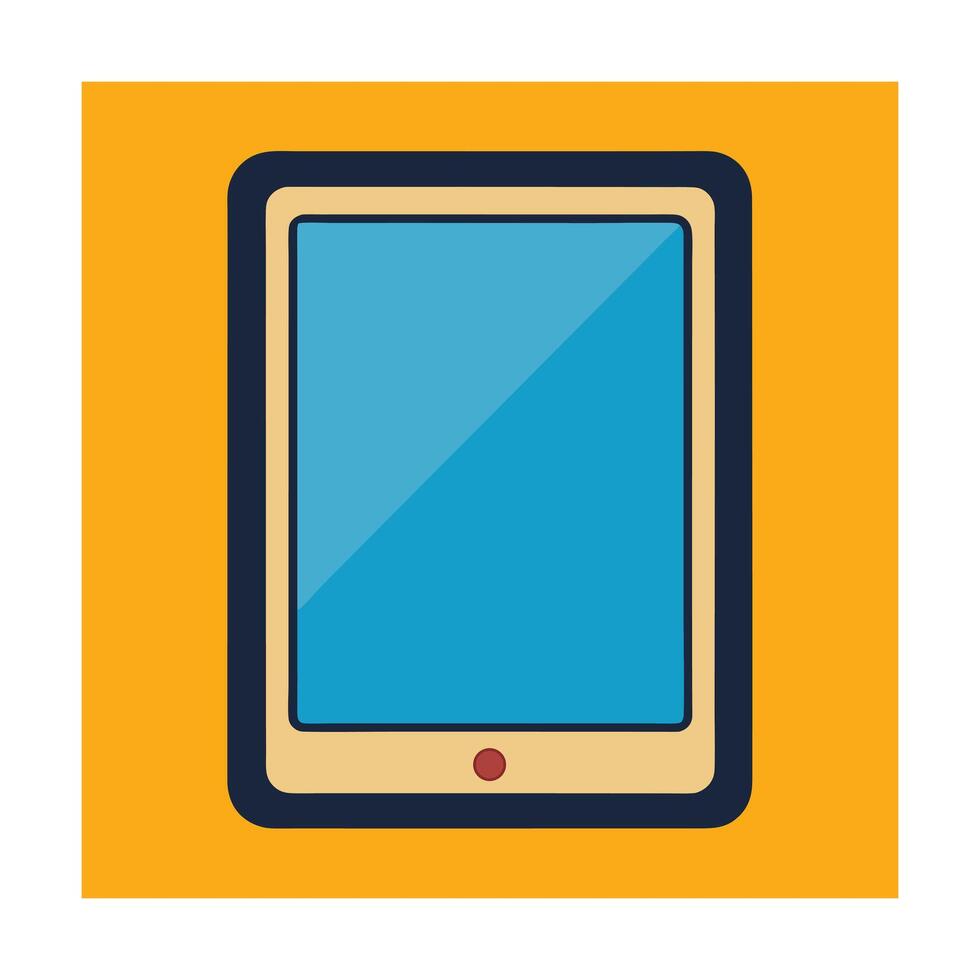 Tablet device illustration with blue screen and red button in colorful flat design vector