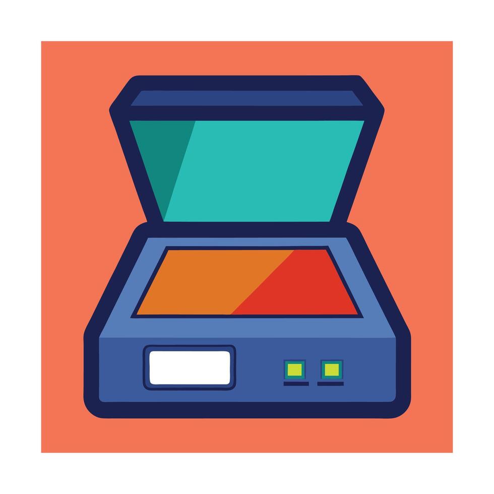 Open flatbed scanner illustration office technology document scanning and digitization process vector