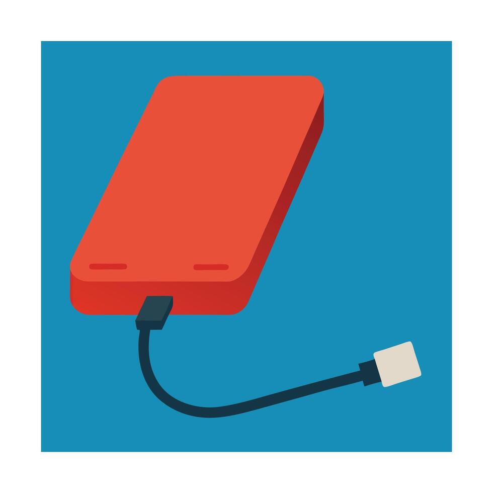 Flat illustration of portable external hard drive with attached cable on blue background vector