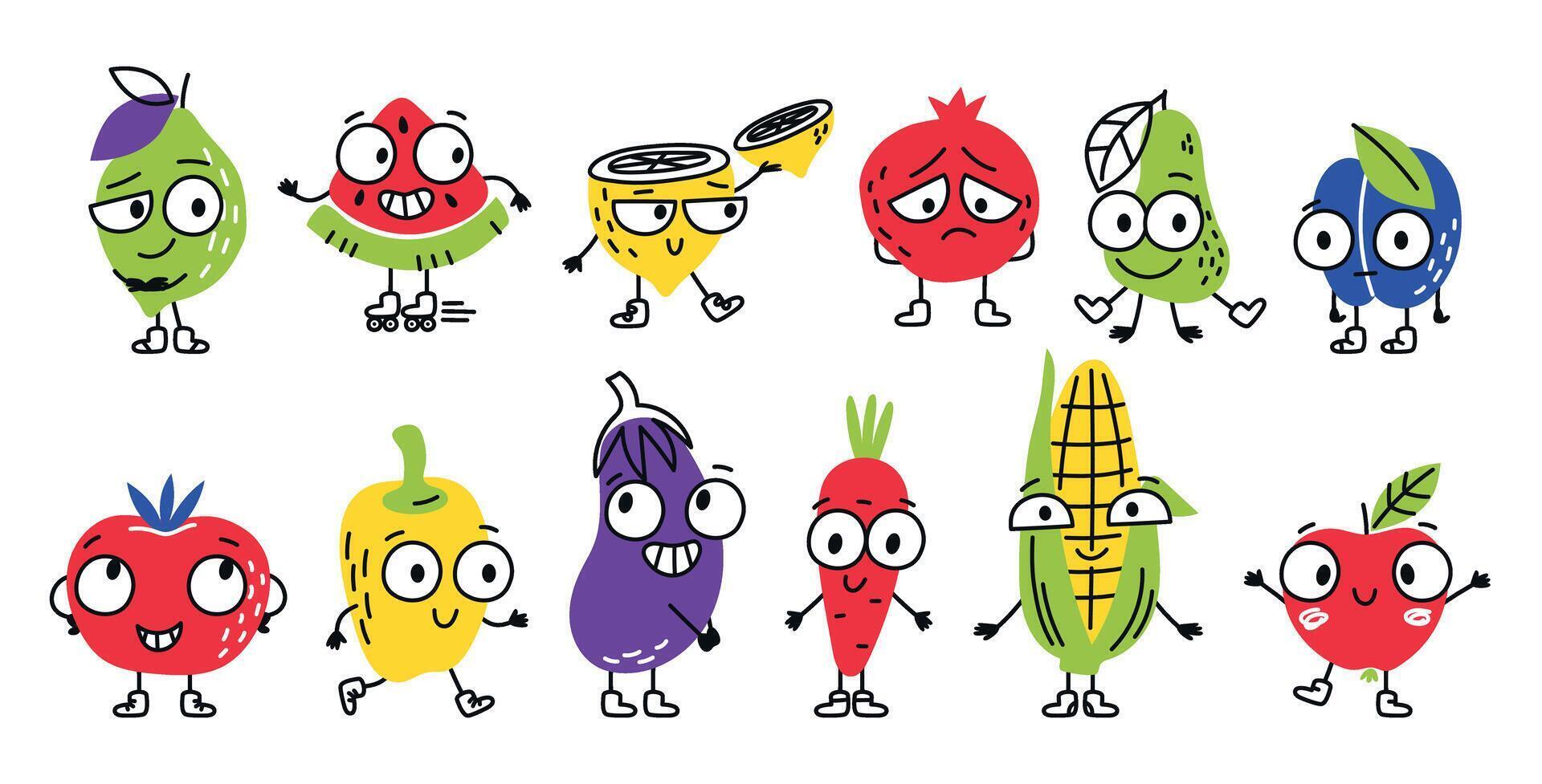 Cute doodle fruits and vegetables characters. Funny set. isolated illustration vector