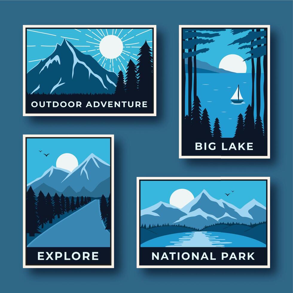 Hiking and nature travel labels with scenic mountain views vector