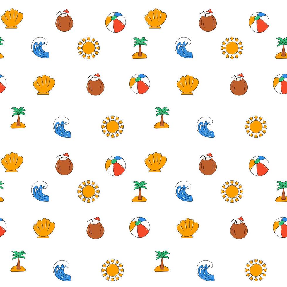 Summer seamless pattern with sun, wave, palm. vector