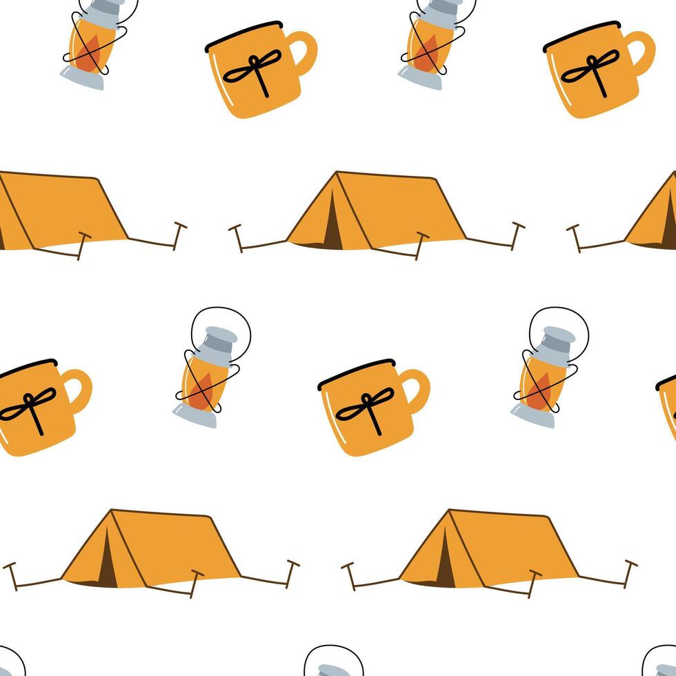 Camping seamless pattern with tent, mug and light vector