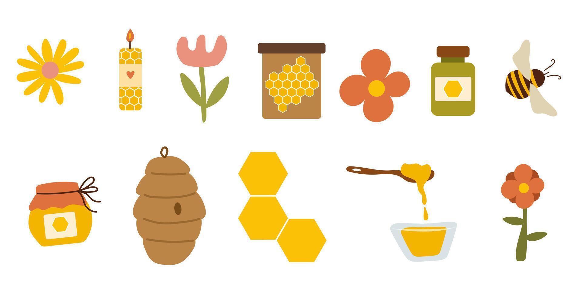 Set of beekeeping elements. Honey, candle, flower, bee and cream vector