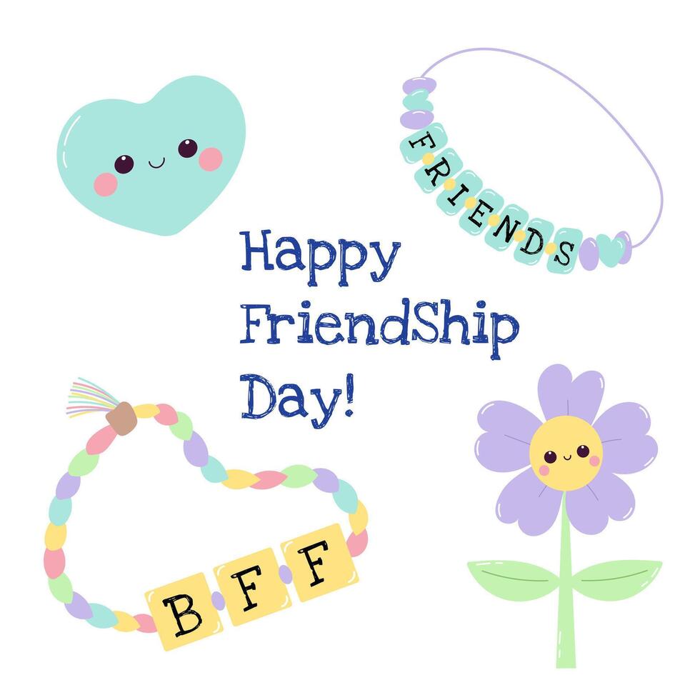 Happy Friendship day set with cute elements. Heart, flower and bracelets vector