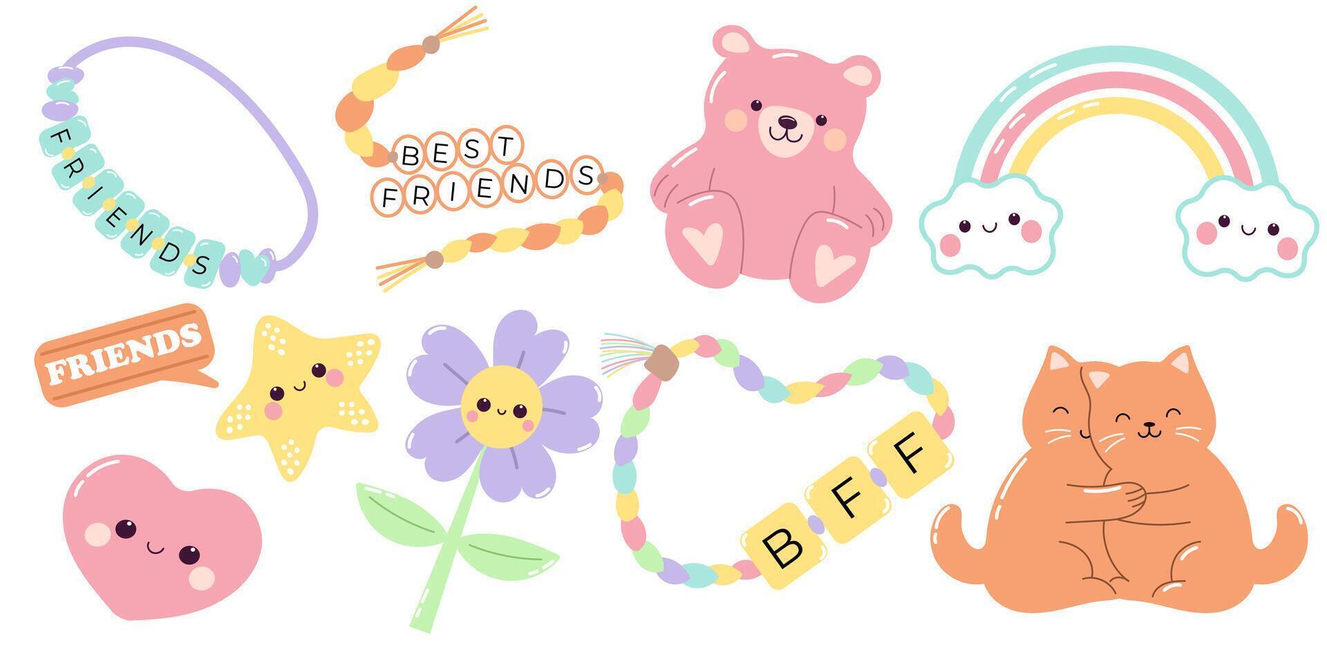 Friendship day set with cute elements. Bracelets and teddy bear. vector