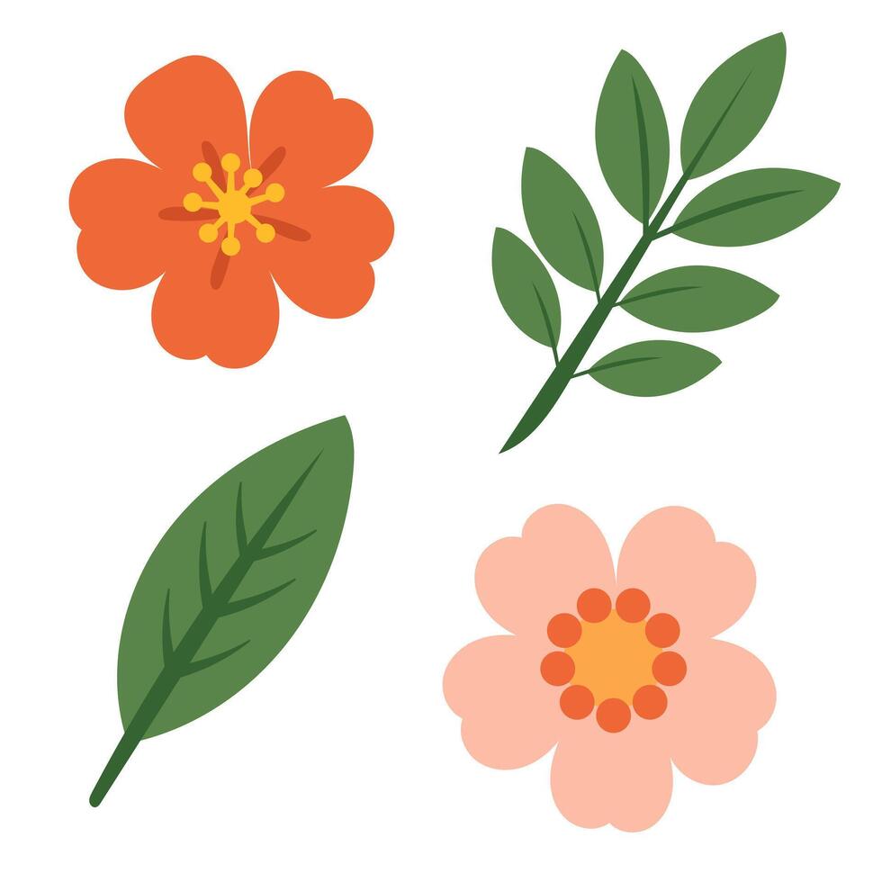 Set of simple flowers and leaves. vector