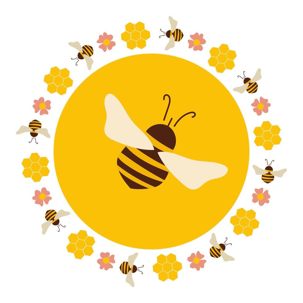 Bee in flolar wreath. Honey and flowers. vector