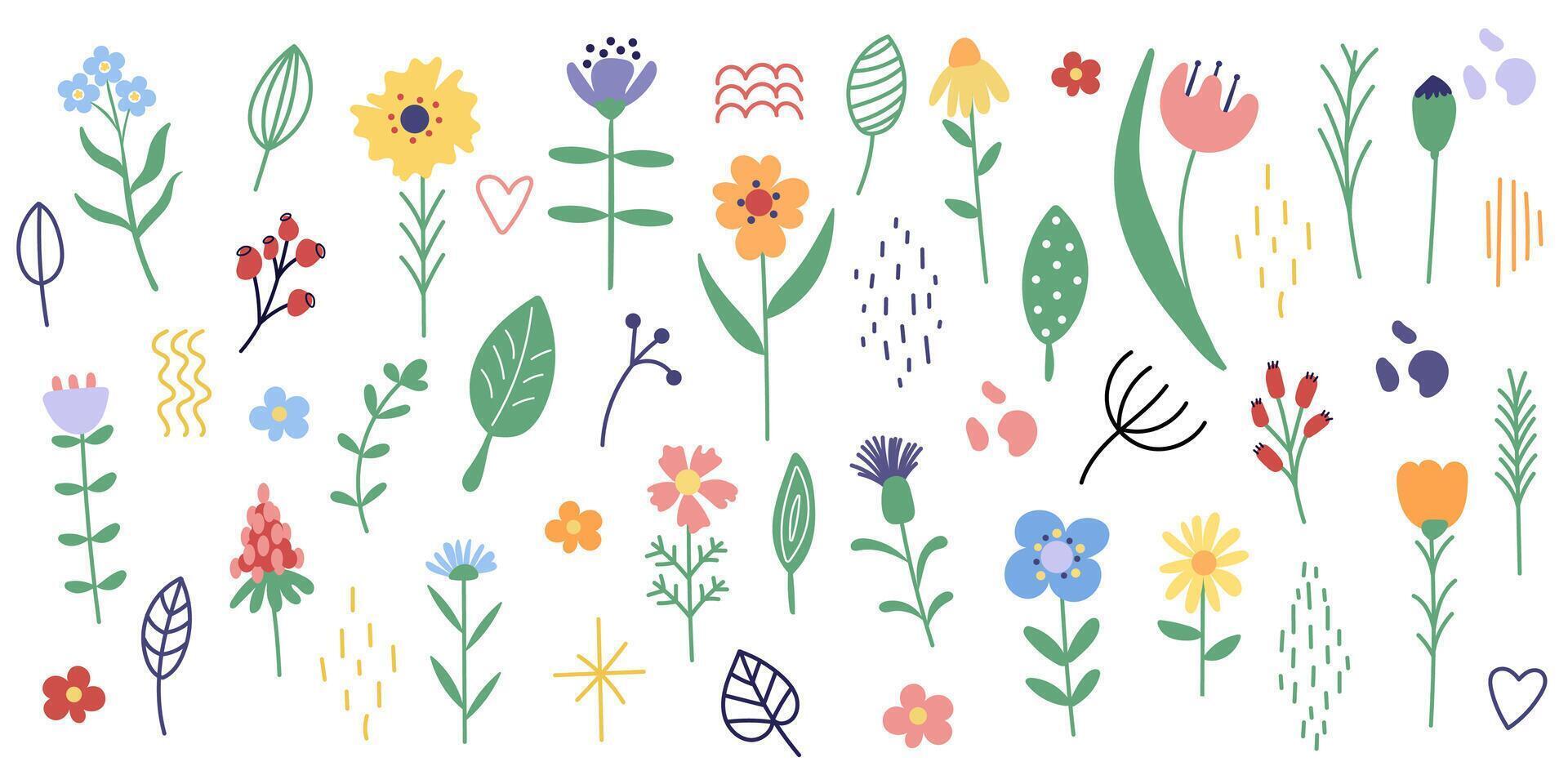 Big set with simple flowers and leaves. Hand drawn floral elements. Minimalistic flowers. vector