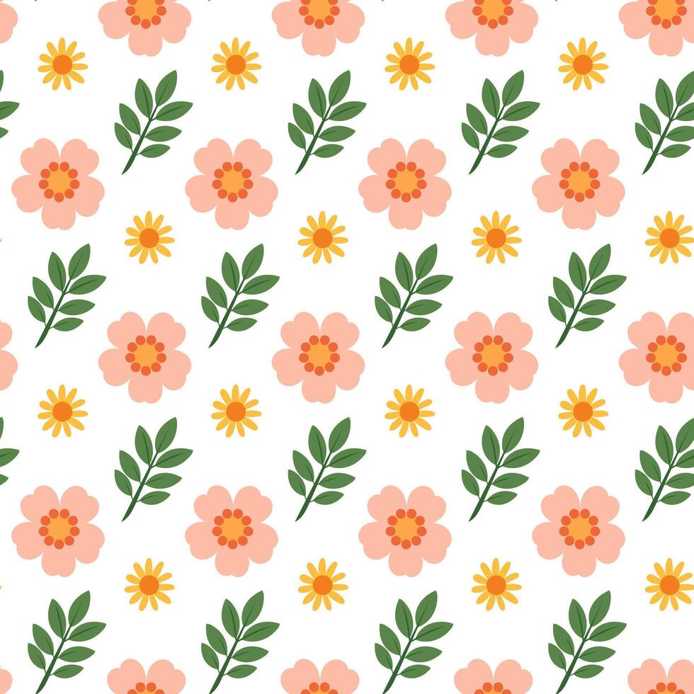 Cute seamless floral pattern. Simple flowers and green leaf. vector