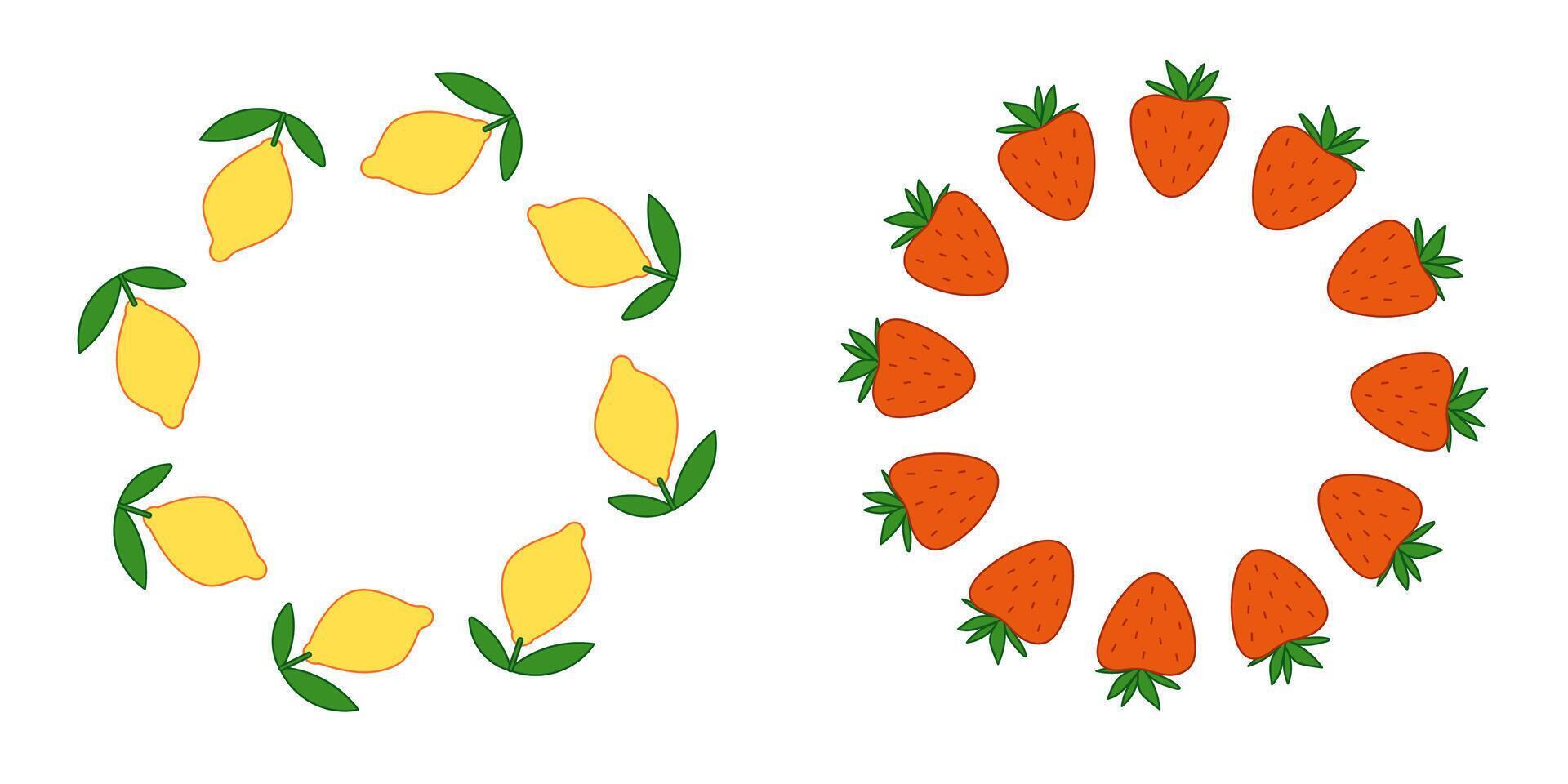 Lemon and strawberry round frames vector