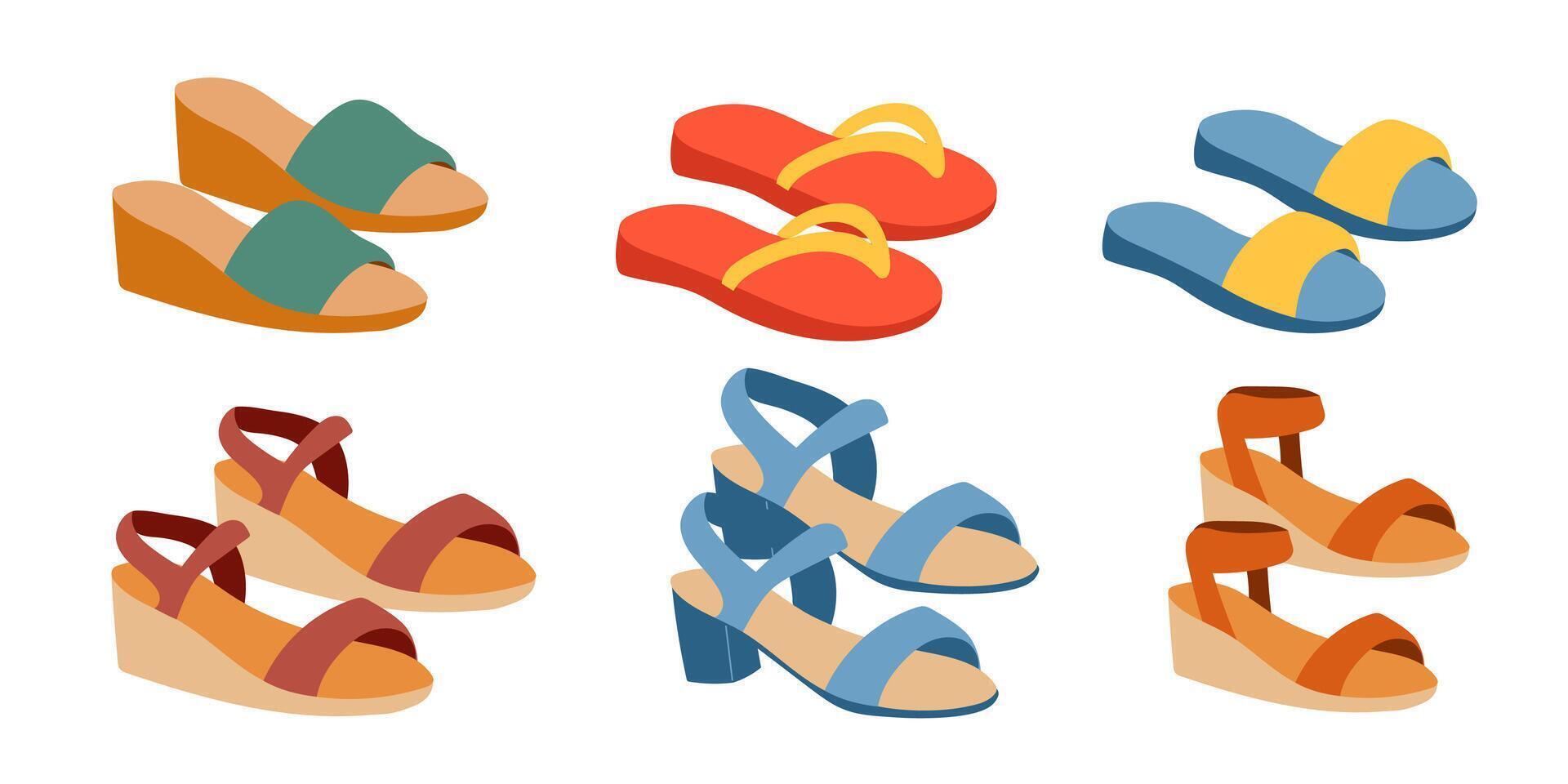 Trendy summer shoes set. Open summer shoes. vector