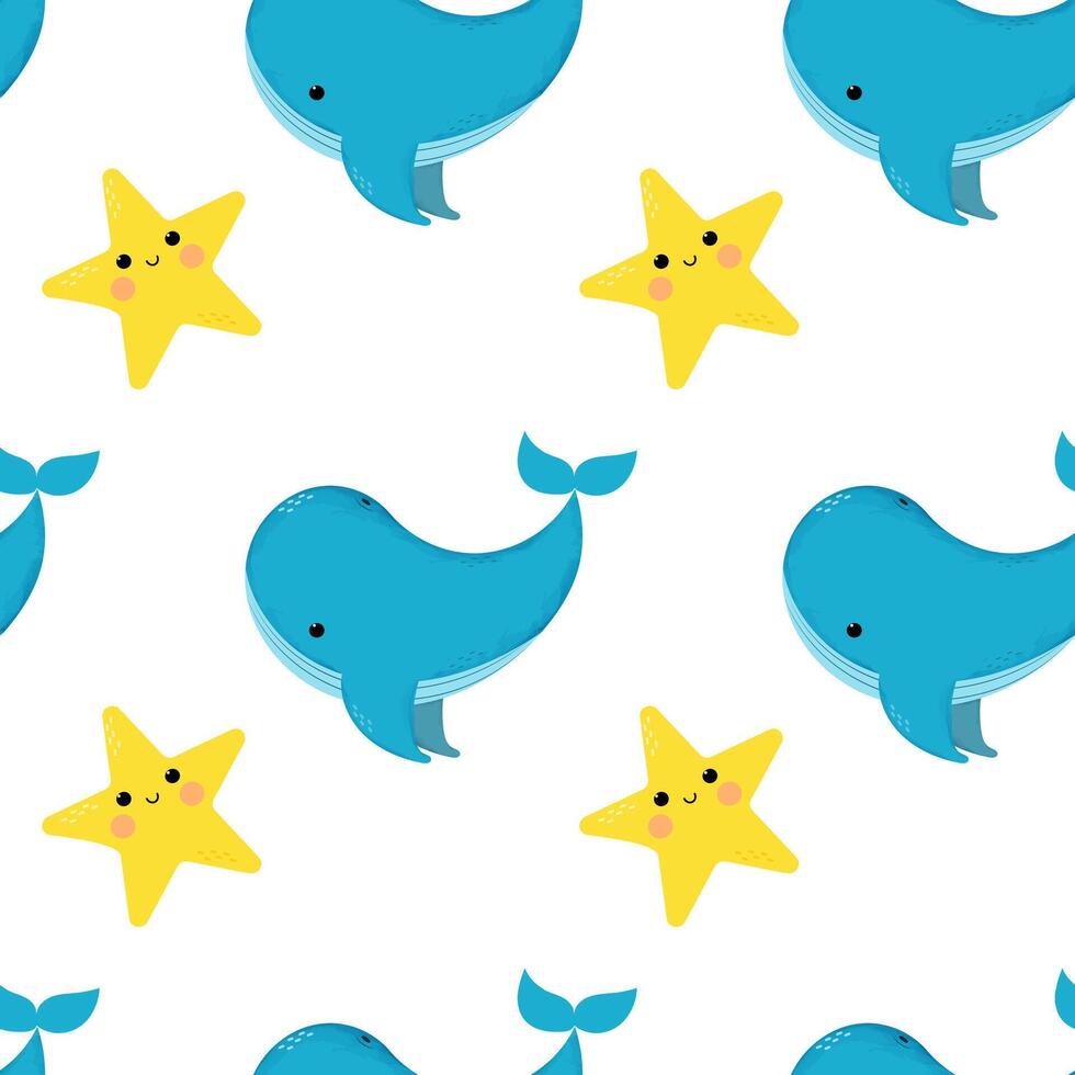 Seamless pattern with whale and star. Cute cartoon sea animals. vector