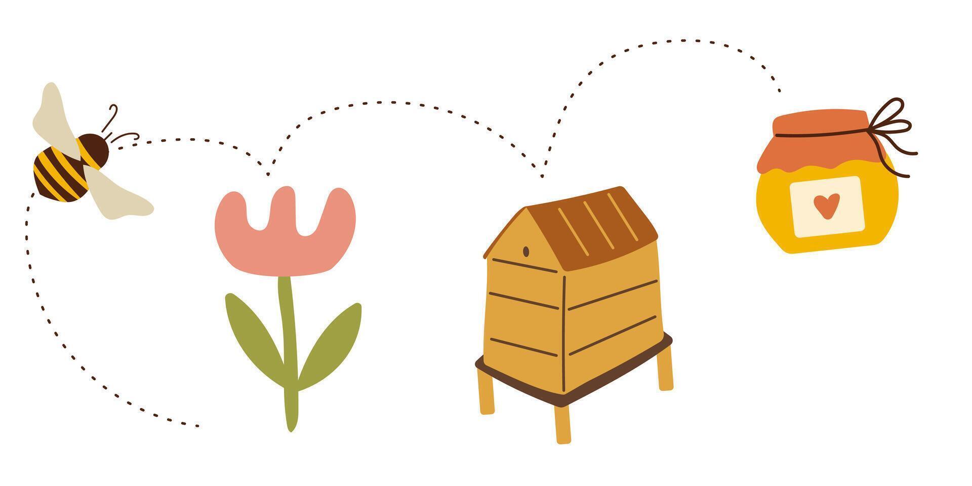Bee path from flower to the honey. Healthy product. vector
