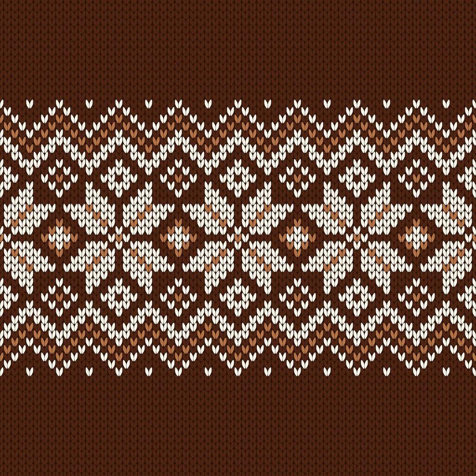 Scandinavian knitted seamless pattern. Norwegian native style sweater, ornament with snowflakes. Fair Isle design. Wool texture. Winter holiday background, brown illustration. vector