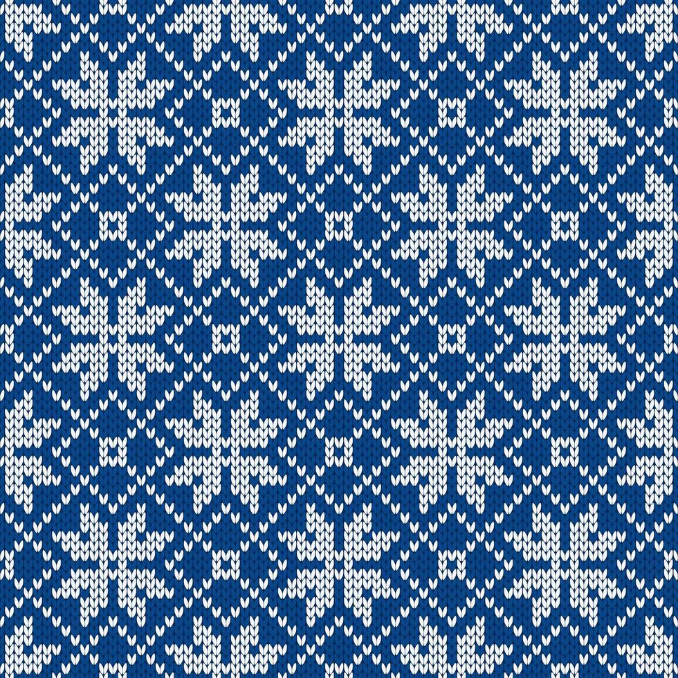 Scandinavian knitted seamless pattern. Norwegian native style sweater with snowflakes. Wool texture. Winter holiday background, blue illustration. vector