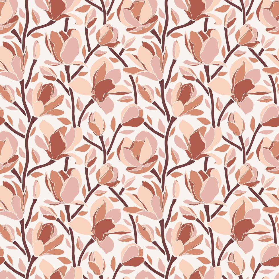 Magnolia flowers, seamless pattern. Trendy minimal style, branches with blooming buds. Modern floral pattern for wrapping paper, textile, packaging, wedding decor, wall design, illustration vector