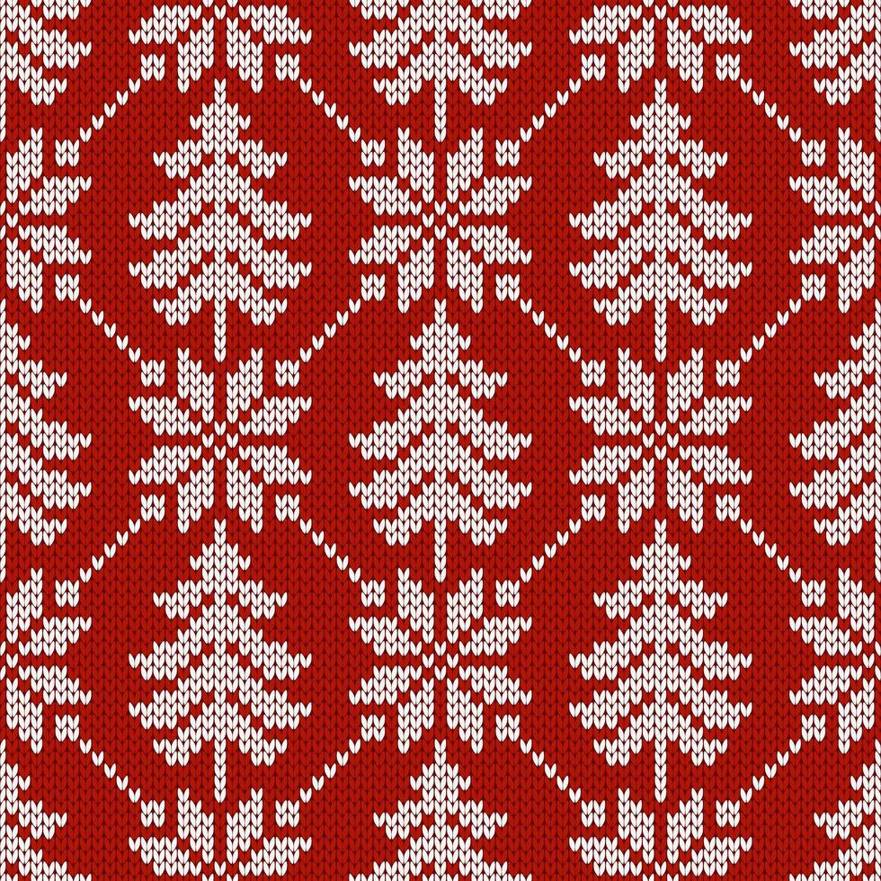 Winter traditional knitted pattern. Scandinavian style sweater. Seamless wool texture. Illustration with snowflakes and christmas trees. Holiday red background. vector
