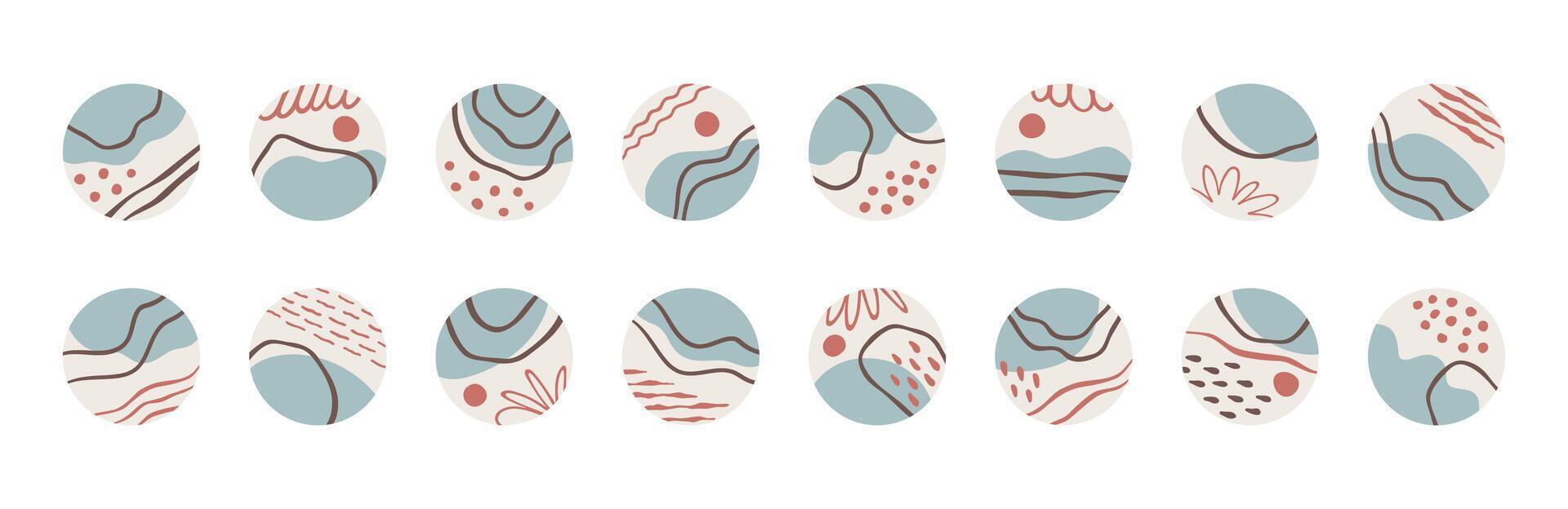 Highlight icons for social media stories. Set of round covers with abstract elements, pastel tones, Japanese style. Illustrations with organic shapes, waves, lines, dots for trendy blog design. vector