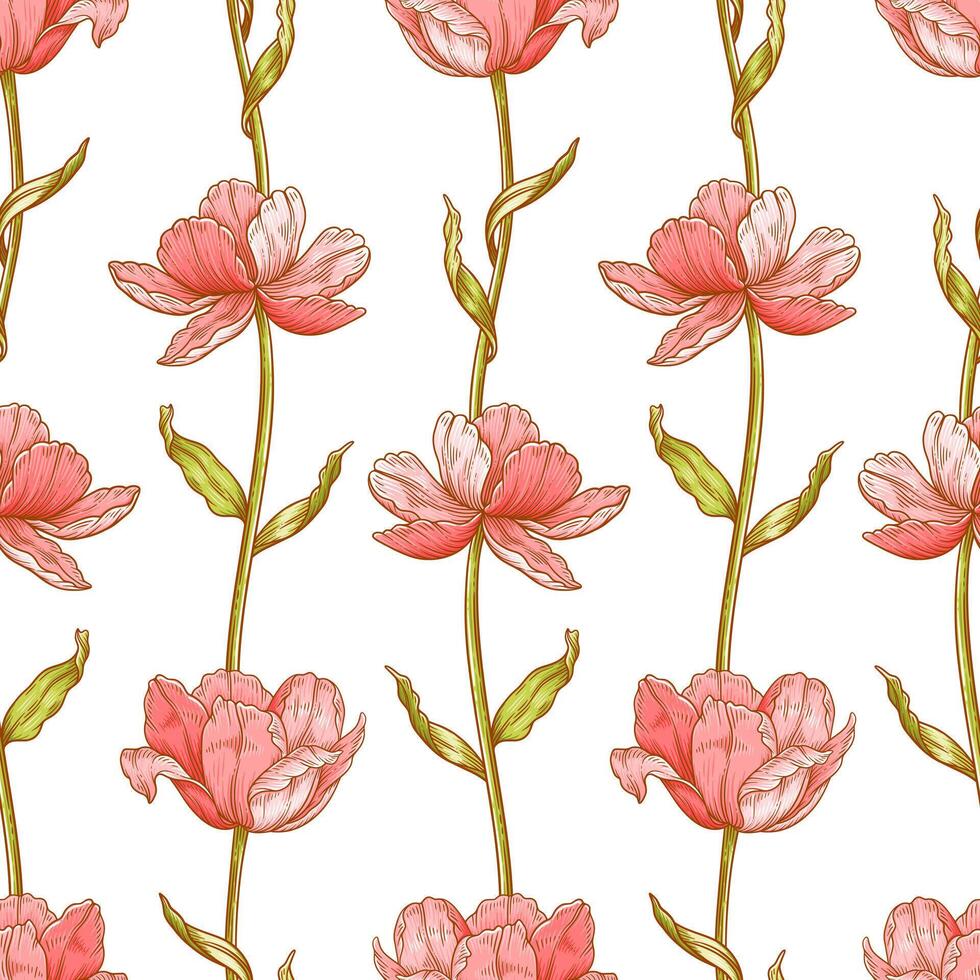 Floral seamless pattern with tulips. Beautiful delicate flowers with leaves. Spring or summer retro wallpaper, template for fashion design. Botanical print on white background vector