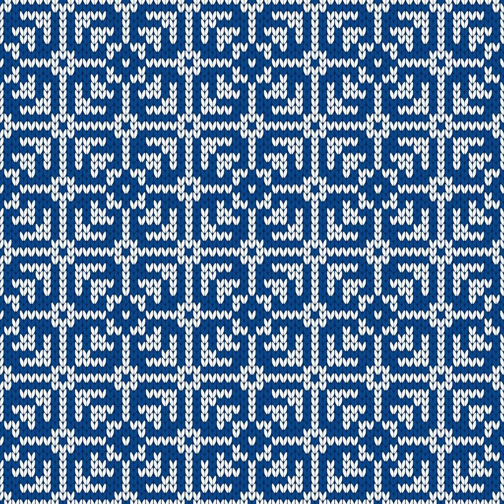 Winter holiday ornament with snowflakes. Christmas and New Year blue white wool knitted sweater. Seamless pattern, illustration, traditional background. vector