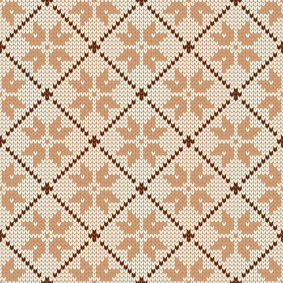 Christmas and New Year traditional knitted seamless pattern. Norwegian style sweater. Wool texture. Illustration with beige snowflakes, holiday background. vector