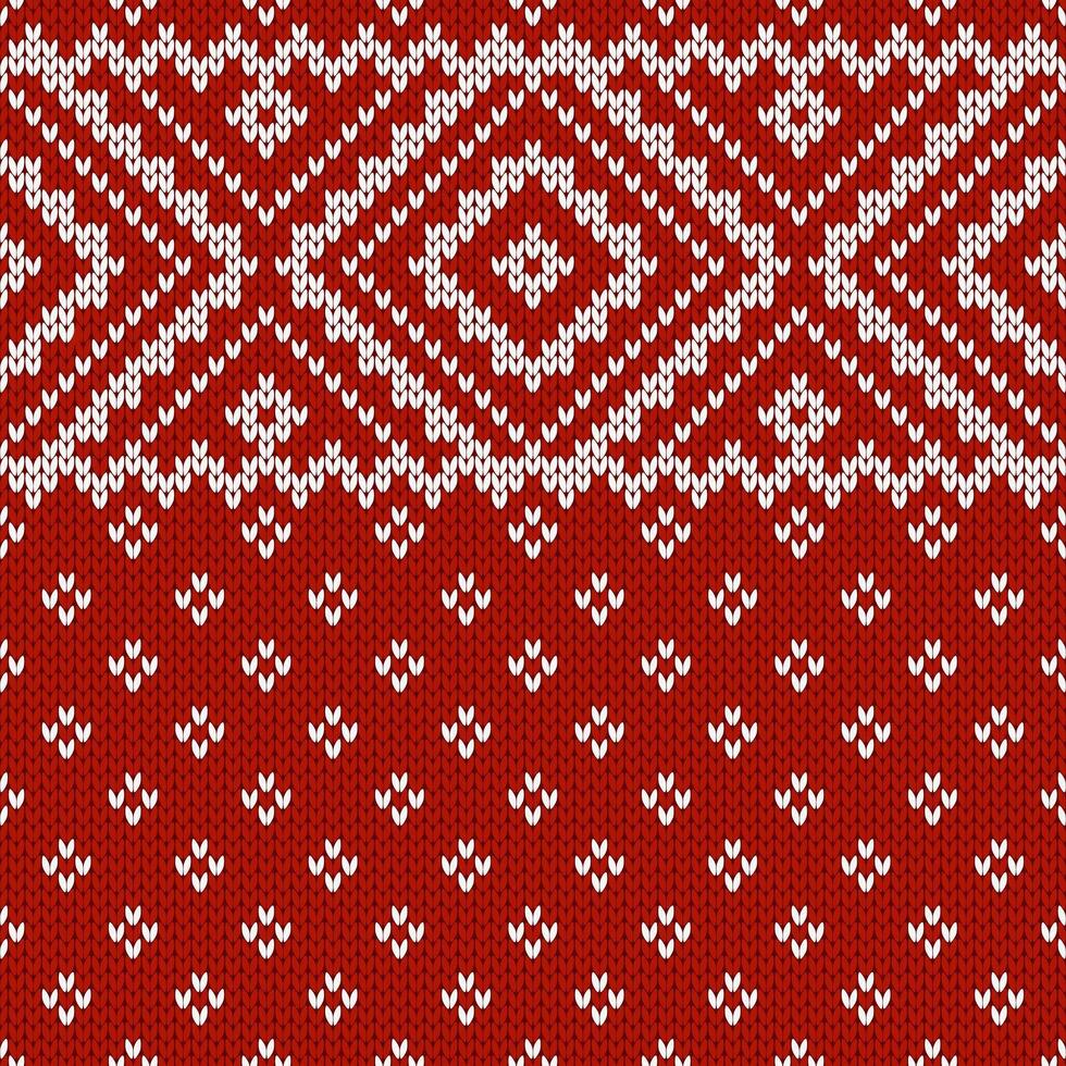 Scandinavian knitted seamless pattern. Norwegian native style sweater, ornament with snowflakes. Fair Isle design. Wool texture. Winter holiday background, red illustration. vector