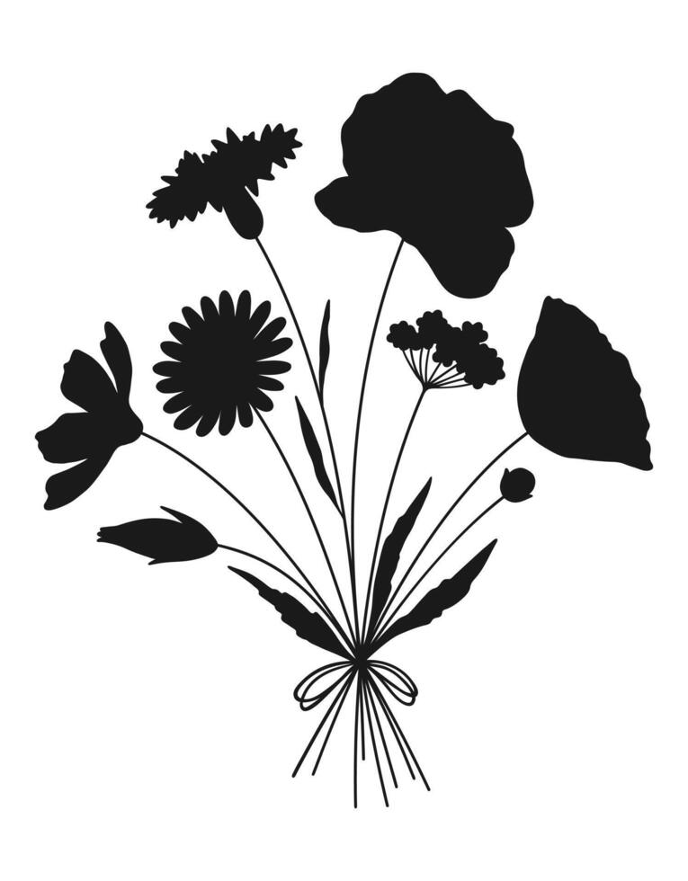 Wildflower black silhouette bouquet. Hand drawn flowers, meadow herbs, wild plants, and botanical elements for design projects vector