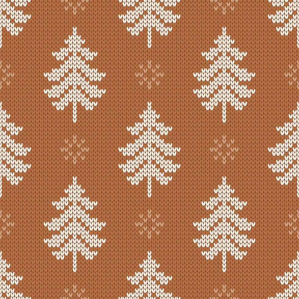 Winter traditional knitted pattern. Scandinavian style sweater. Seamless wool texture, illustration with snowflakes and Christmas trees. Brown holiday background. vector