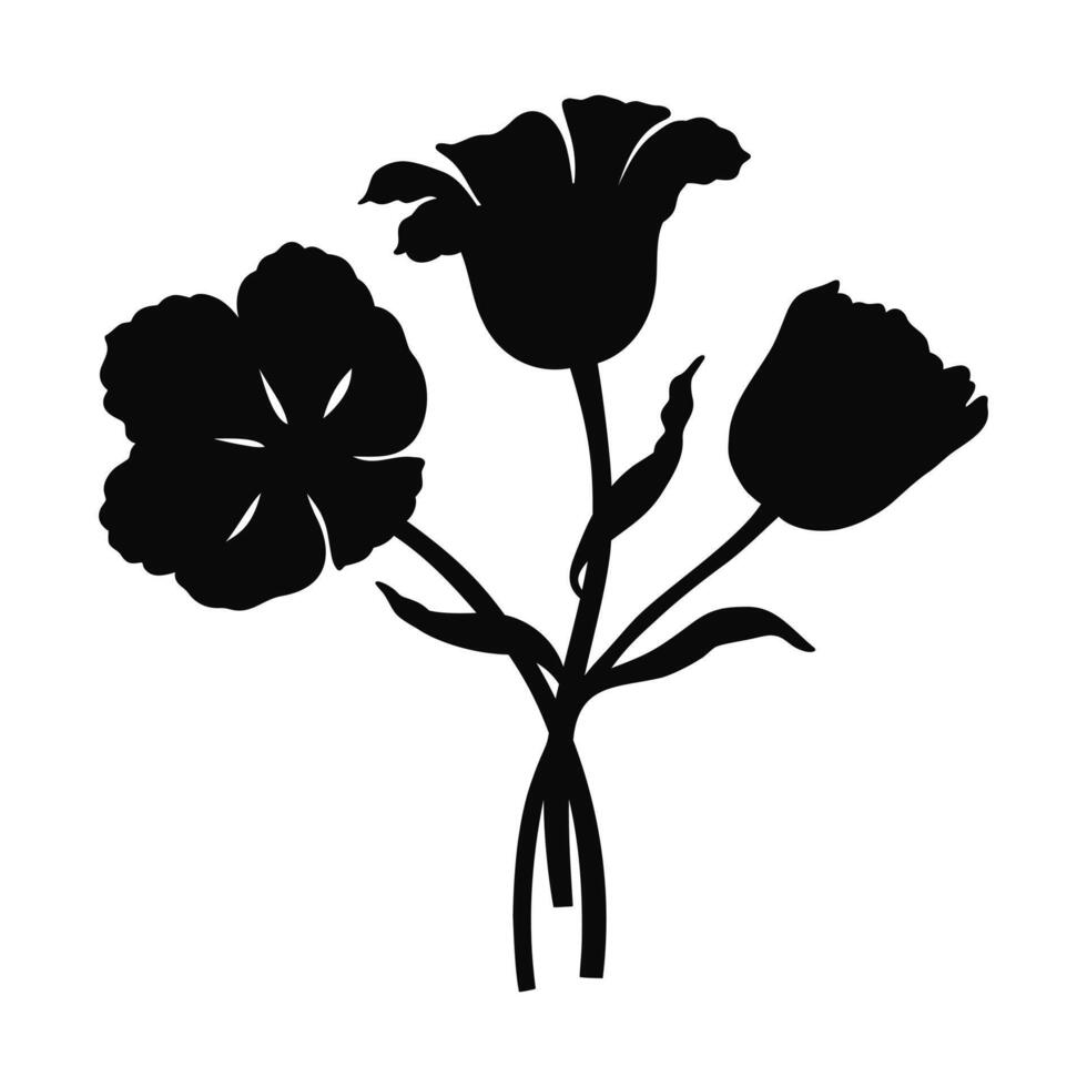 Blooming tulips bouquet silhouette, minimal style. Beautiful spring flowers, black shapes. Hand drawn element for Easter, Mother Day, Canadian Tulip Festival illustration vector