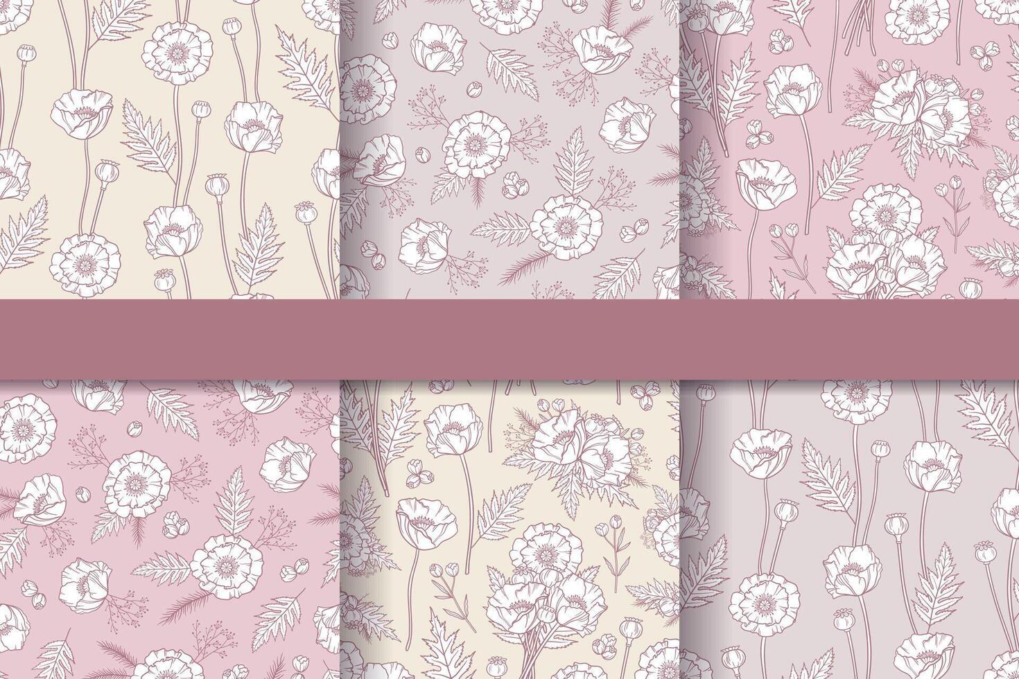 Set of seamless patterns in boho style with poppies. Hand drawn elements. Summer time. Floral patterns for textile, packaging, greeting cards, invitations, wedding decoration. vector