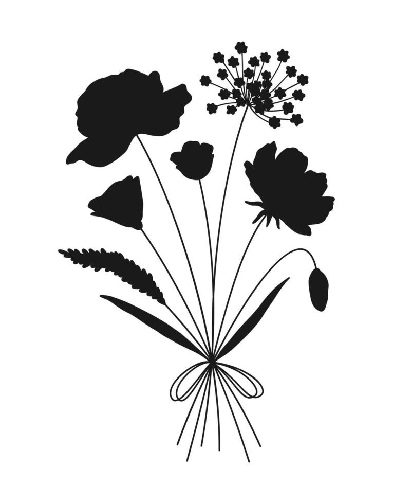 Wildflower black silhouette bouquet. Hand drawn flowers, meadow herbs, wild plants, and botanical elements for design projects, illustration vector
