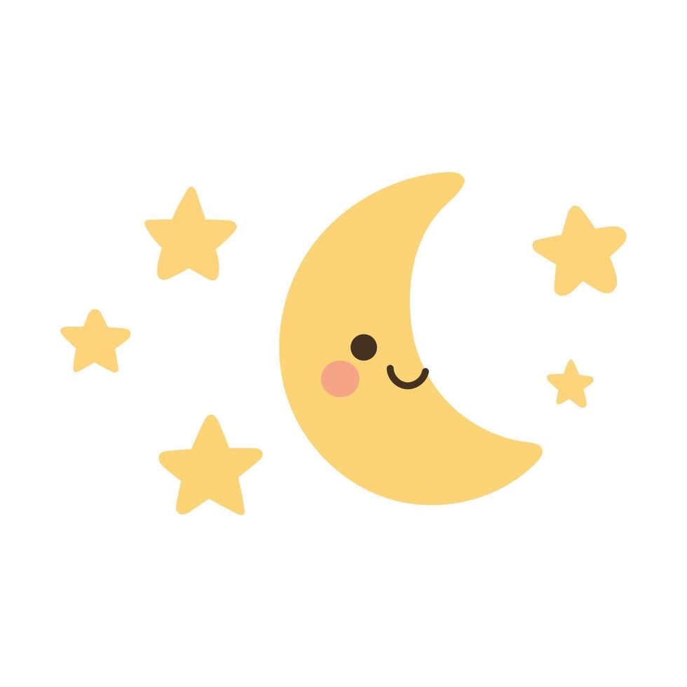 Smiling crescent moon with cheerful stars in a yellow night sky, great for bedtime prints, dream-themed art, and playful celestial decor for kids vector