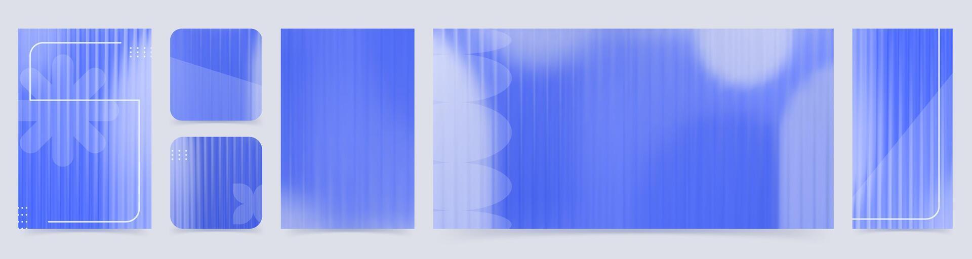 Abstract reeded glass effect background set. Elegant gradient cover collection in blue hues. Minimalist template design for social media, poster, banner, flyer, promo vector