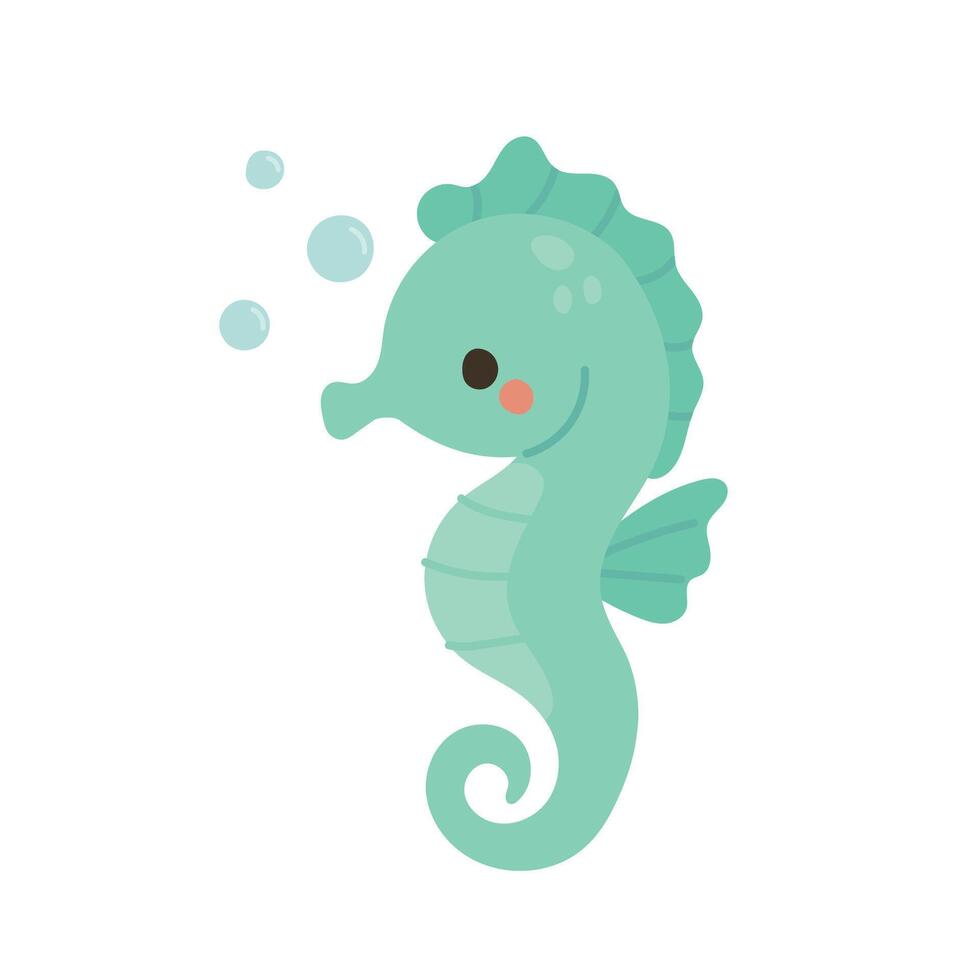 Friendly green seahorse with soft bubbles, perfect for ocean-themed decor, baby sea illustrations, and whimsical marine life designs for children vector